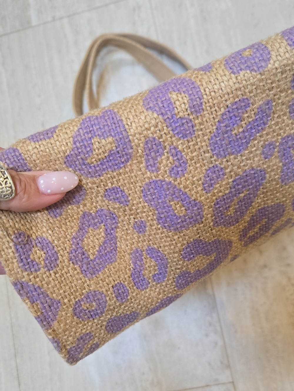 America & Beyond Tan Jute Lavender Leopard Print Versatile Bag - Picture 3 of 13